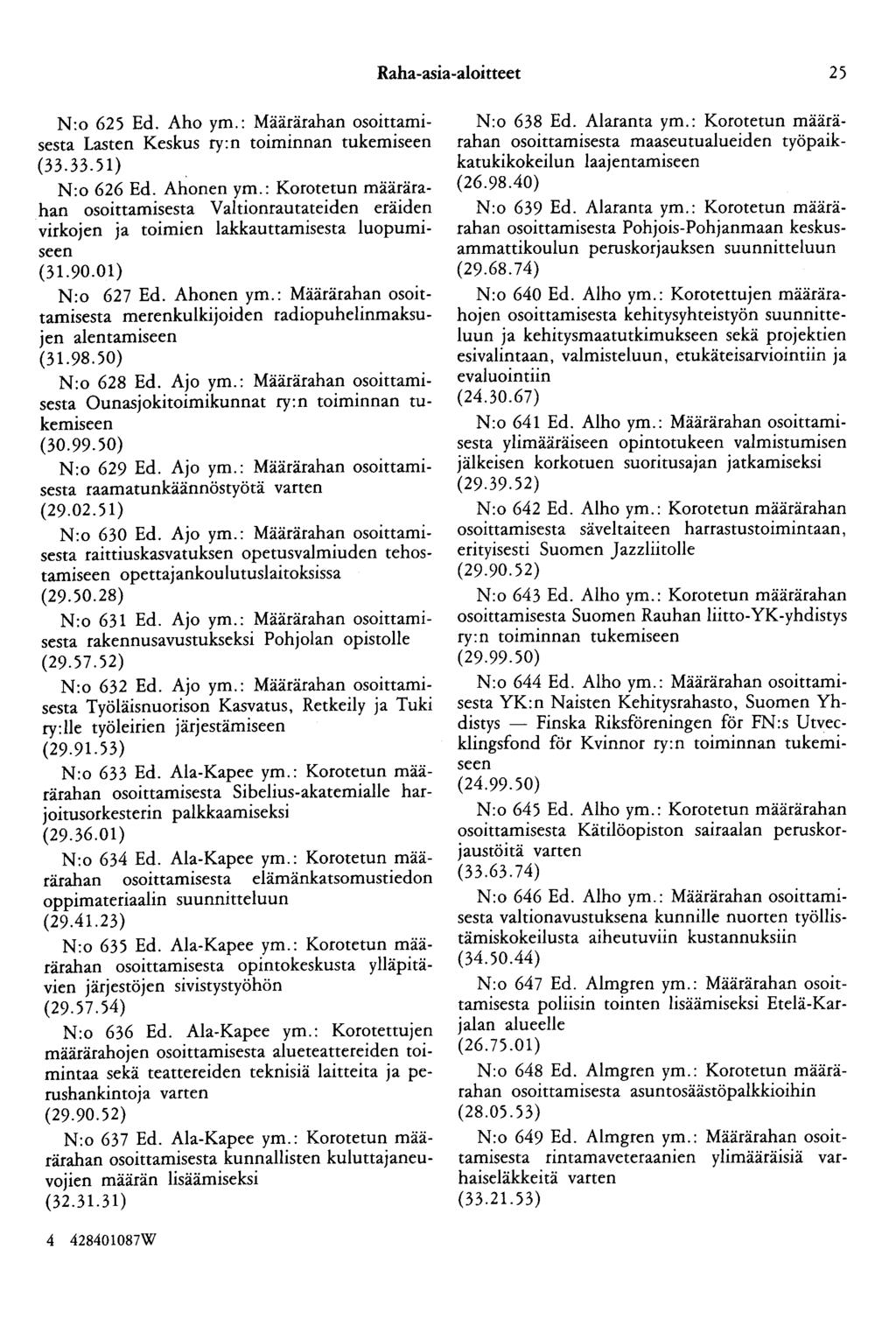 Raha-asia-aloitteet 25 N:o 625 Ed. Aho ym.: Määrärahan osoittamisesta Lasten Keskus ry:n toiminnan tukemiseen (33.33.51) N:o 626 Ed. Ahonen ym.