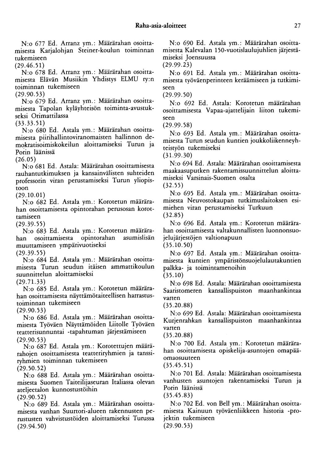 Raha-asia-aloitteet 27 N:o 677 Ed. Arranz ym.: Määrärahan osoittamisesta Karjalohjan Steiner-koulun toiminnan tukemiseen (29.46.51) N :o 678 Ed. Arranz ym.: Määrärahan osoittamisesta Elävän Musiikin Yhdistys ELMU ry:n toiminnan tukemiseen (29.