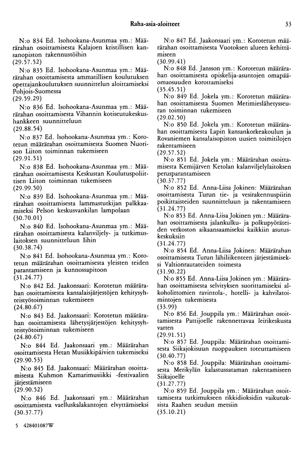 Raha-asia-aloitteet 33 N :o 834 Ed. Isohookana-Asunmaa ym.: Määrärahan osoittamisesta Kalajoen kristillisen kansanopiston rakennustöihin (29.57.52) N:o 835 Ed. Isohookana-Asunmaa ym.: Määrärahan osoittamisesta ammatillisen koulutuksen opettajankoulutuksen suunnittelun aloittamiseksi Pohjois-Suomessa (29.