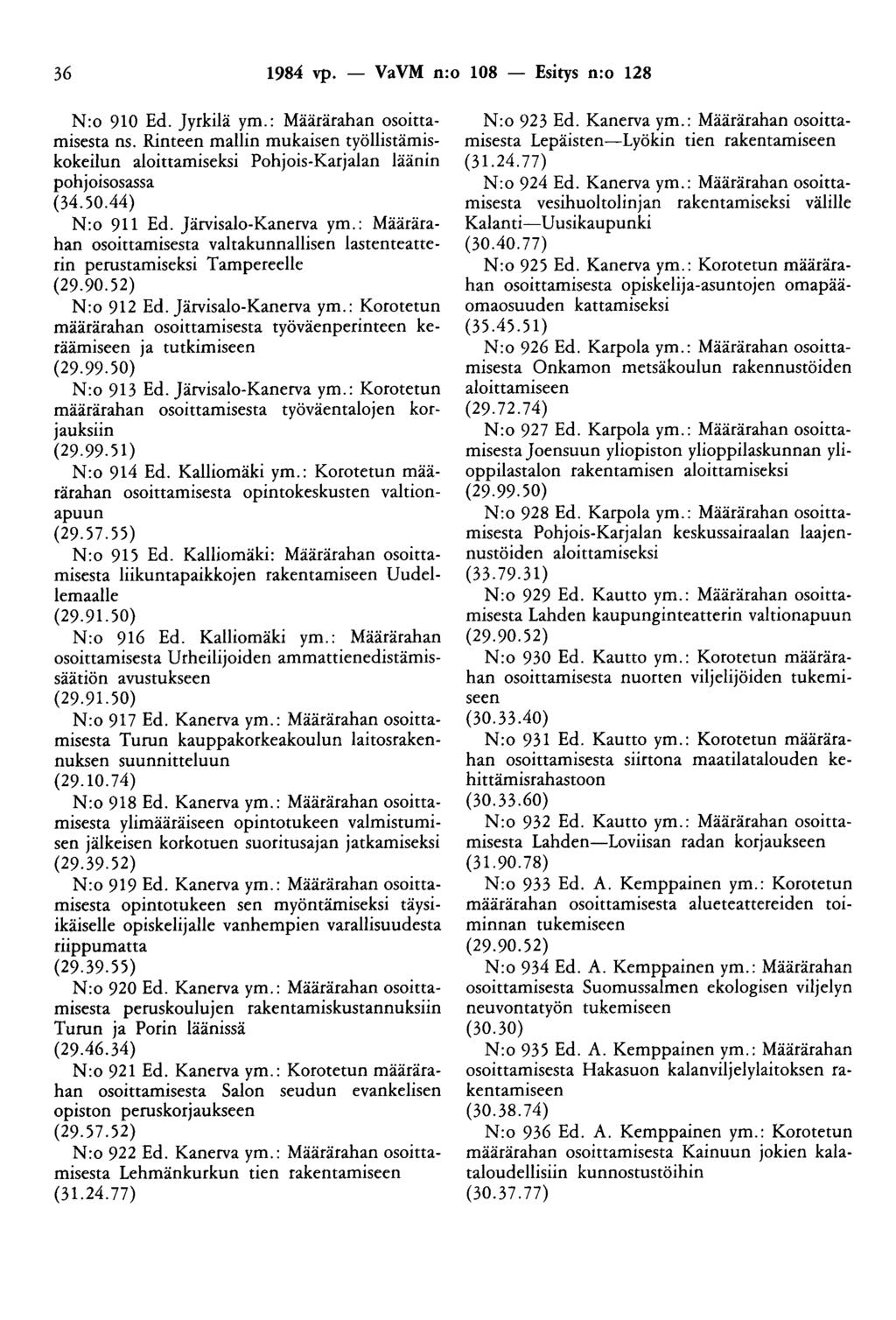 36 1984 vp. - VaVM n:o 108 - Esitys n:o 128 N:o 910 Ed. Jyrkilä ym.: Määrärahan osoittamisesta ns.