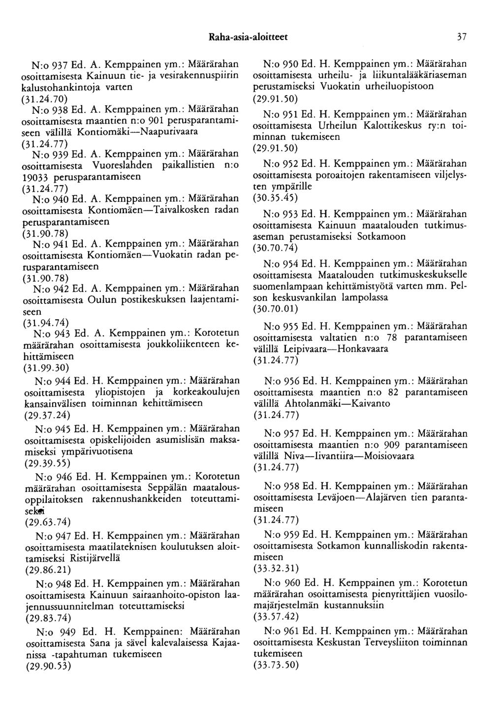 Raha-asia-aloitteet 37 N:o 937 Ed. A. Kemppainen ym.: Määrärahan osoittamisesta Kainuun tie- ja vesirakennuspiirin kalustohankintoja varten (31.24.70) N:o 938 Ed. A. Kemppainen ym.: Määrärahan osoittamisesta maantien n:o 901 perusparantamiseen välillä Kontiomäki-Naapurivaara N:o 939 Ed.