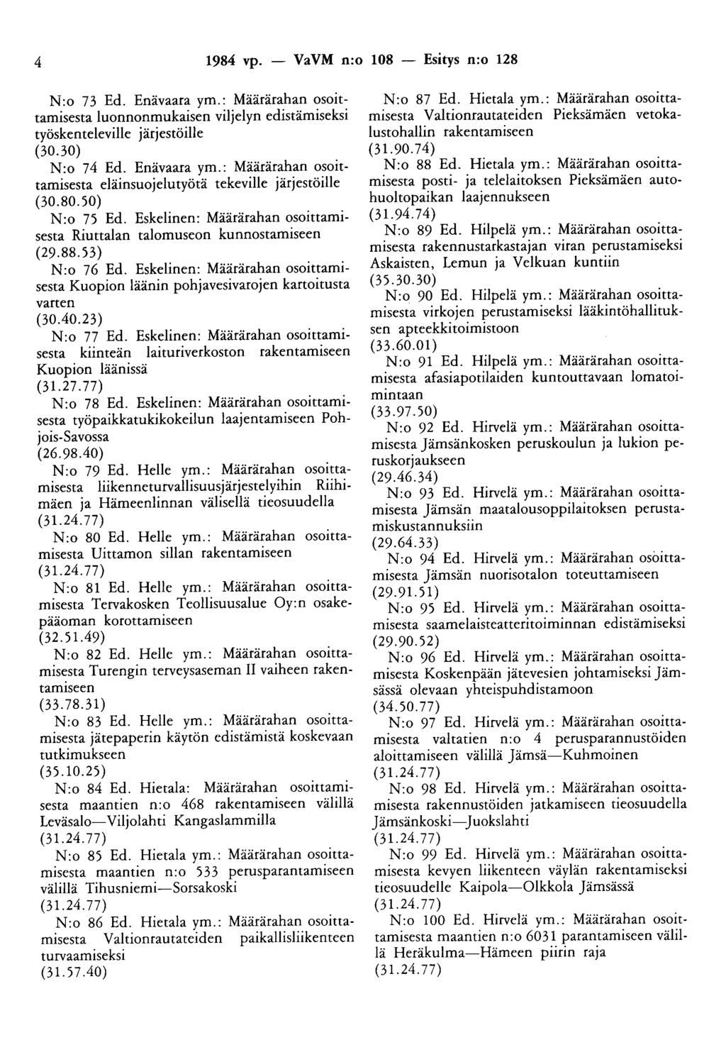 4 1984 vp. - VaVM n:o 108 - Esitys n:o 128 N:o 73 Ed. Enävaara ym.: Määrärahan osoittamisesta luonnonmukaisen viljelyn edistämiseksi työskenteleville järjestöille (30.30) N:o 74 Ed. Enävaara ym.: Määrärahan osoittamisesta eläinsuojelutyötä tekeville järjestöille (30.