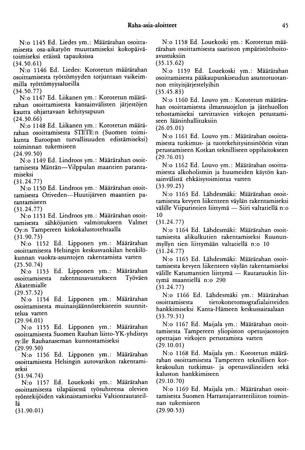 Raha-asia-aloitteet 45 N :o 1145 Ed. Liedes ym.: Määrärahan osoittamisesta osa-aikatyön muuttamiseksi kokopäivätoimiseksi eräissä tapauksissa (34.50.61) N:o 1146 Ed.