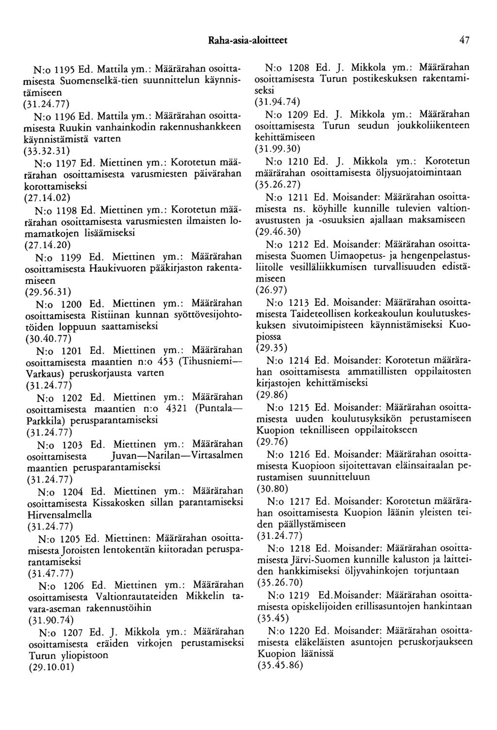 Raha-asia-aloitteet 47 N:o 1195 Ed. Mattila ym.: Määrärahan osoittamisesta Suomenselkä-tien suunnittelun käynnistämiseen N:o 1196 Ed. Mattila ym.: Määrärahan osoittamisesta Ruukin vanhainkodin rakennushankkeen käynnistämistä varten (33.