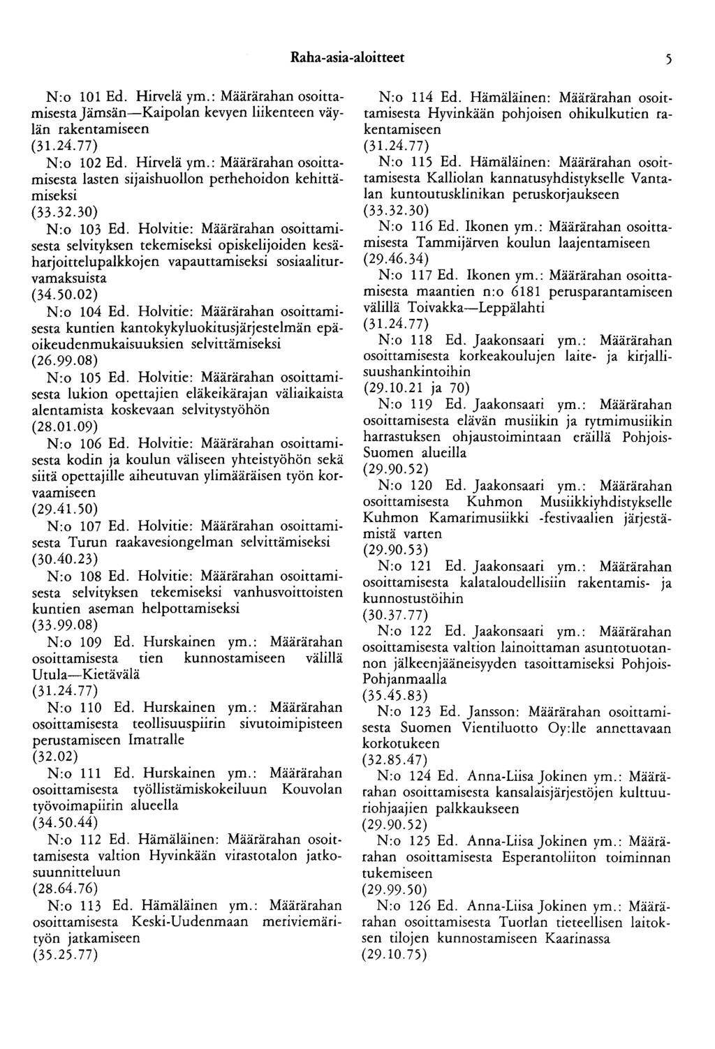 Raha-asia-aloitteet 5 N:o 101 Ed. Hirvelä ym.: Määrärahan osoittamisestajämsän-kaipolan kevyen liikenteen väylän rakentamiseen N:o 102 Ed. Hirvelä ym.: Määrärahan osoittamisesta lasten sijaishuollon perhehoidon kehittämiseksi (33.