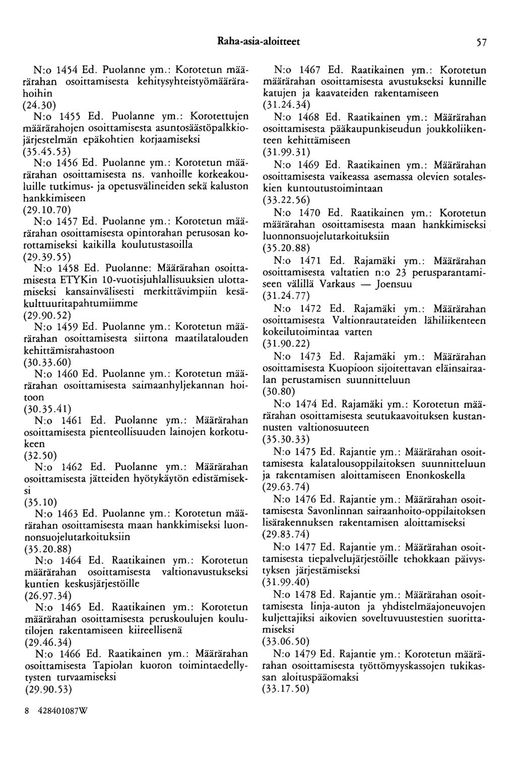 Raha-asia-aloitteet 57 N:o 1454 Ed. Puolanne ym.: Korotetun määrärahan osoittamisesta kehitysyhteistyömäärärahoihin (24.30) N:o 1455 Ed. Puolanne ym.: Koeotettujen määrärahojen osoittamisesta asuntosäästöpalkkiojärjestelmän epäkohtien korjaamiseksi (35.