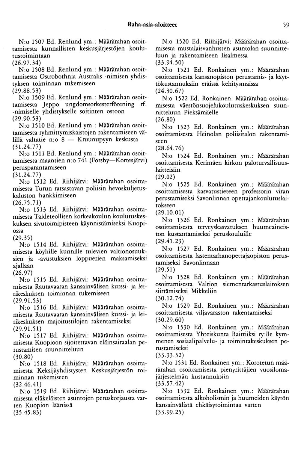 Raha-asia-aloitteet 59 N:o 1507 Ed. Renlund ym.: Määrärahan osoittamisesta kunnallisten keskusjärjestöjen koulutustoimintaan (26.97.34) N:o 1508 Ed. Renlund ym.: Määrärahan osoittamisesta Ostrobothnia Australis -nimisen yhdistyksen toiminnan tukemiseen (29.