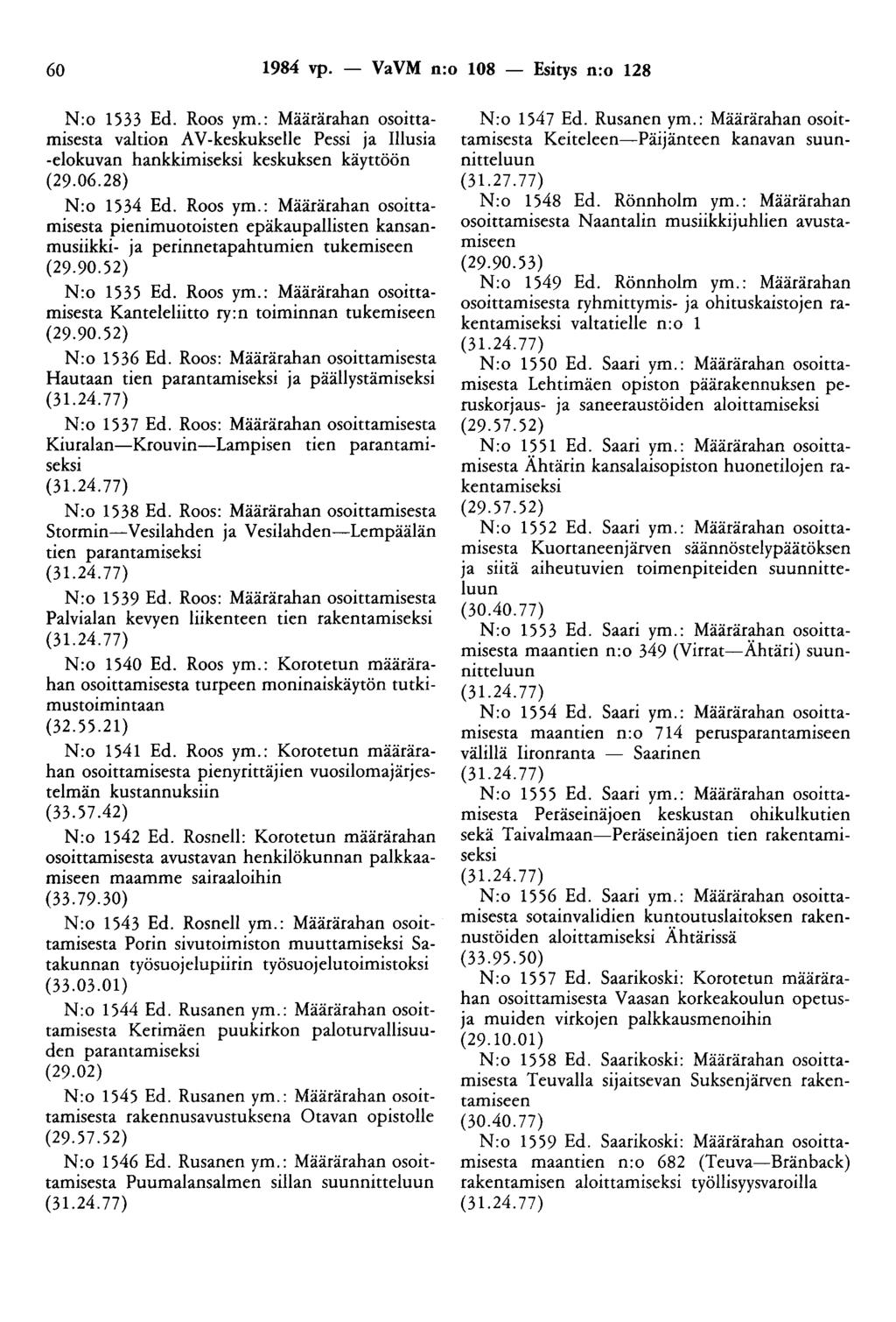 60 1984 vp. - VaVM n:o 108 - Esitys n:o 128 N:o 1533 Ed. Roos ym.: Määrärahan osoittamisesta valtion AV-keskukselle Pessi ja Illusia -elokuvan hankkimiseksi keskuksen käyttöön (29.06.28) N:o 1534 Ed.