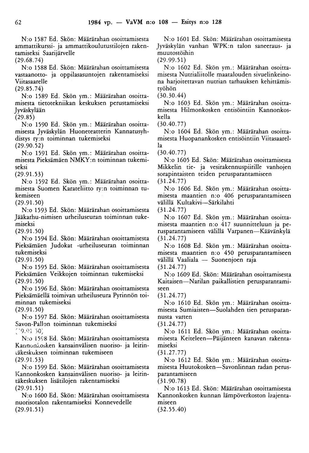 62 1984 vp. - VaVM n:o 108 - Esitys n:o 128 N:o 1587 Ed. Skön: Määrärahan osoittamisesta ammattikurssi- ja ammattikoulutustilojen rakentamiseksi Saarijärvelle (29.68.74) N:o 1588 Ed.