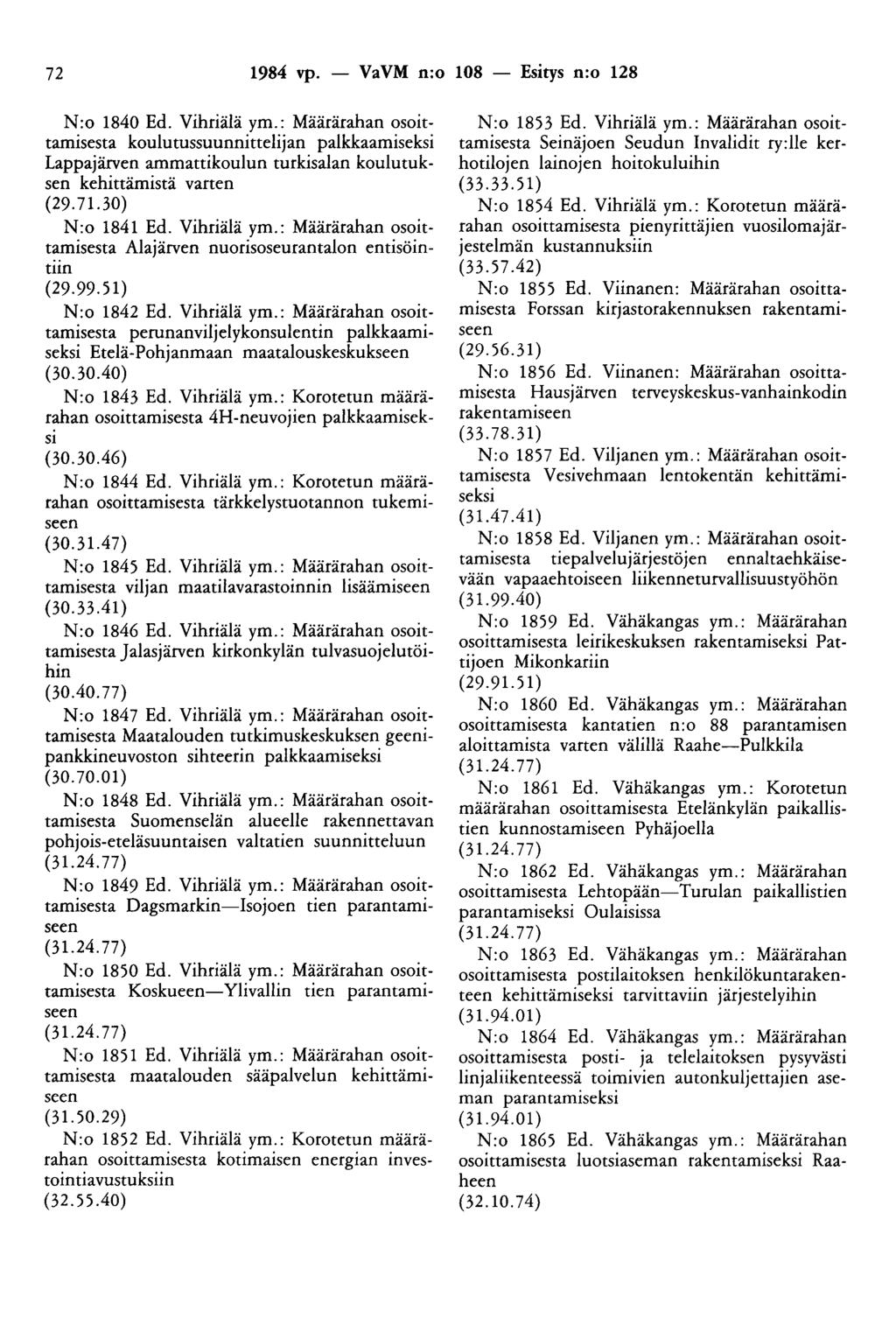 72 1984 vp. - VaVM n:o 108 - Esitys n:o 128 N:o 1840 Ed. Vihriälä ym.