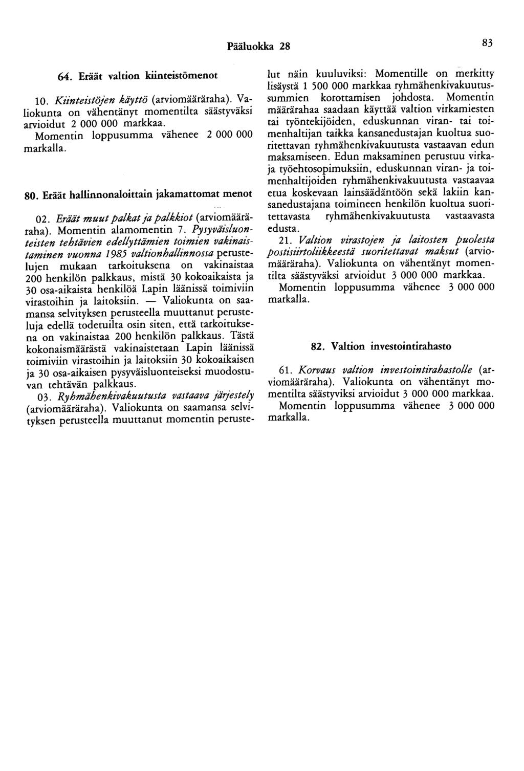 Pääluokka 28 83 64. Eräät valtion kiinteistömenot 10. Kiinteistöjen käyttö (arviomääräraha). Valiokunta on vähentänyt momentilta säästyväksi arvioidut 2 000 000 markkaa.