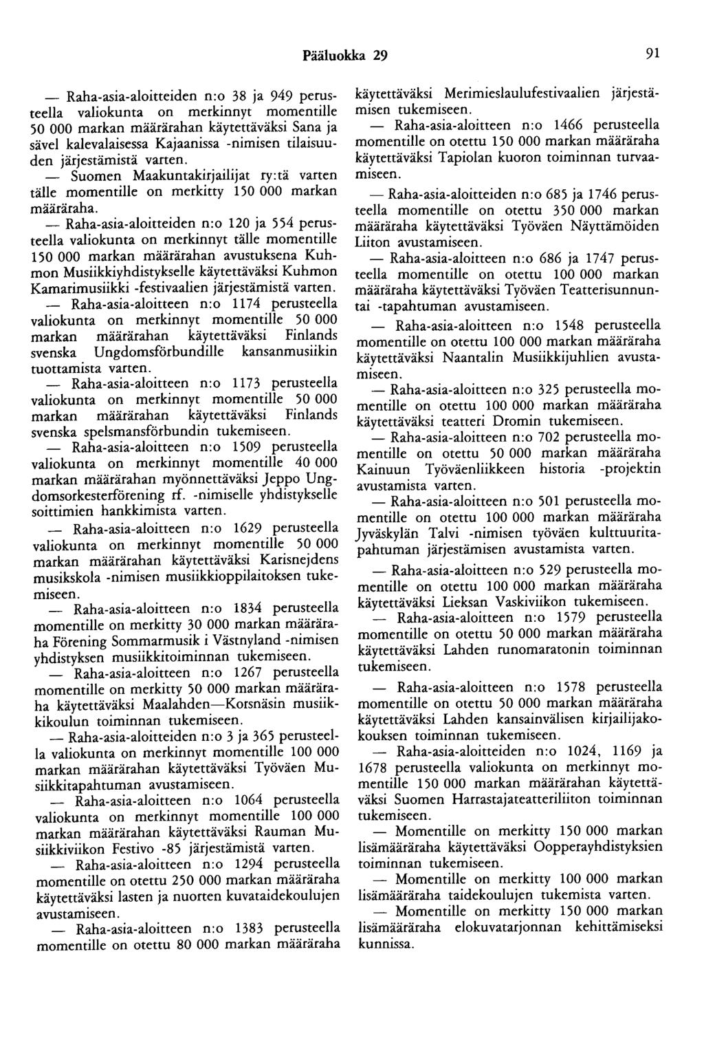 Pääluokka 29 91 - Raha-asia-aloitteiden n:o 38 ja 949 perusteella valiokunta on merkinnyt momentille 50 000 markan määrärahan käytettäväksi Sana ja sävel kalevalaisessa Kajaanissa -nimisen