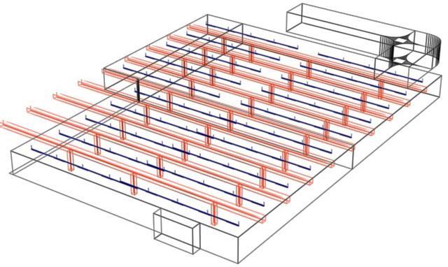 22 Kuva 18: Wireframe-kuva parkkihallista. Käyttämällä tasaisia pintoja lattiassa, seinissä ja katossa saadaan aikaan mahdollisimman yksinkertainen hallin perusrakenne.
