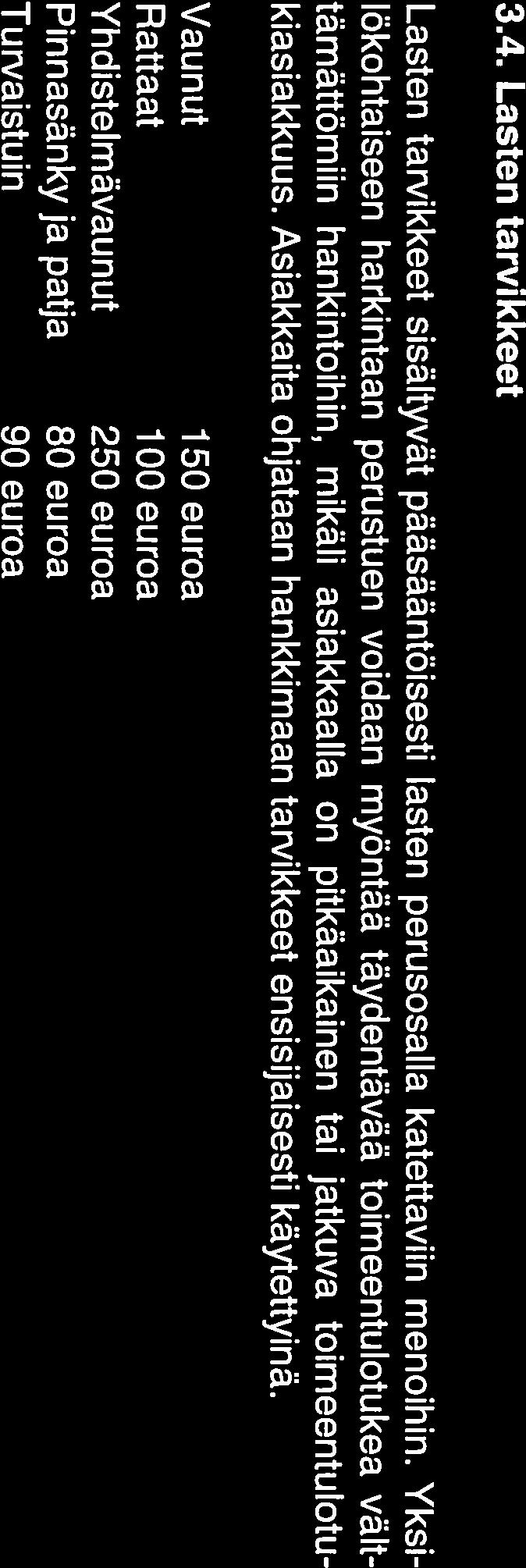 kiasiakkuus. Sanky ja patja yksin asuvalle 100 euroa, pariskunnhlle 150 euroa. Ruokaryhmä 70 euroa. Lapsen sanky ja patja 50 euroa. 3.