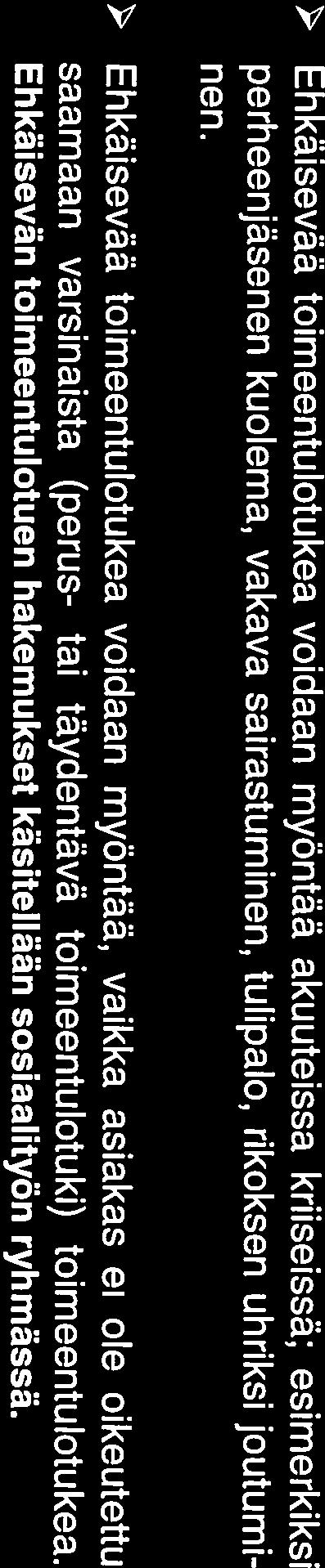 > Ehkäisevãã toimeentulotukea voidaan myöntäa, vaikka asiakas ei ole oikeutettu saamaan varsinaista (perus- tai tàydentava toimeentu lotuki) toimeentu lotukea.