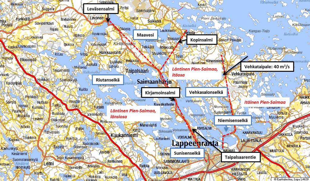 kapean salmen, Kirjamoinsalmen, Kivisalmen ja Voisalmen kautta. Taipalsaarentien salmista Kirjamoinsalmi on suurin ja sen kautta vesi vaihtuu parhaiten.