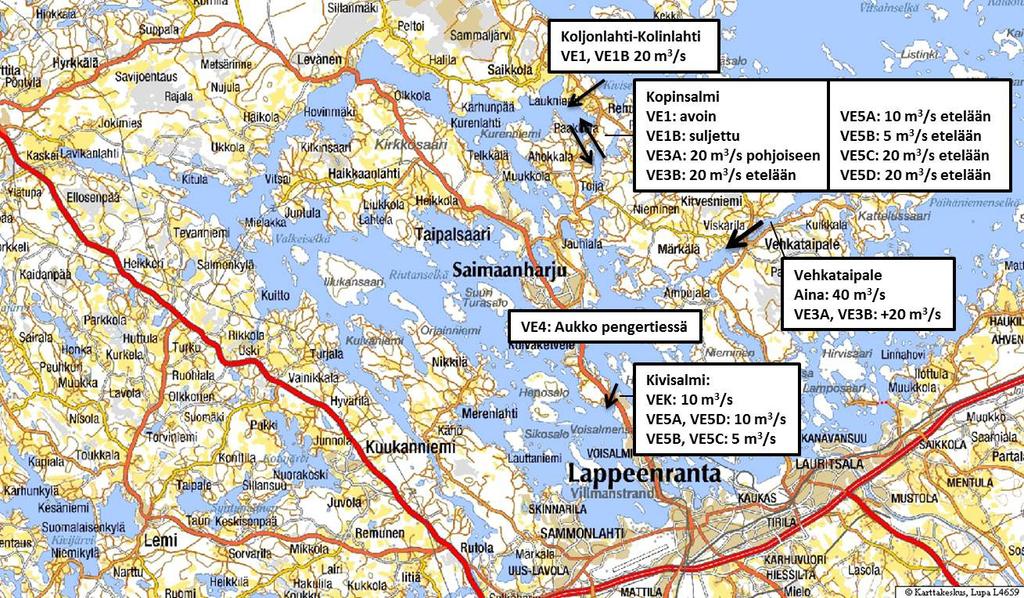 1.3.1 Laskentavaihtoehdot Mallilla lasketut vaihtoehdot lyhennelmineen on esitetty alla: VE: Nykytilanne VE1: Koljonlahden-Kolinlahden kohdalta pumpataan Maavedelle +2 m 3 /s VE1B: