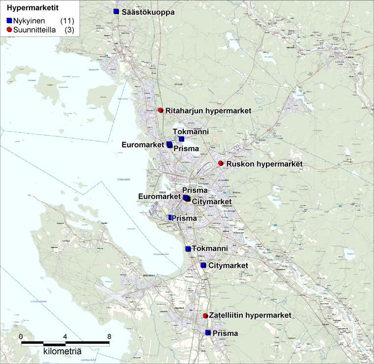 20 Kuva 8 Hypermarketit Oulun kaupunkiseudulla Keskusliikkeiden perinteisten hypermarkettien (Prisma, Citymarket, Euromarket) Oulussa toimii halpatavarataloja (Tokmanni, Säästökuoppa), jotka