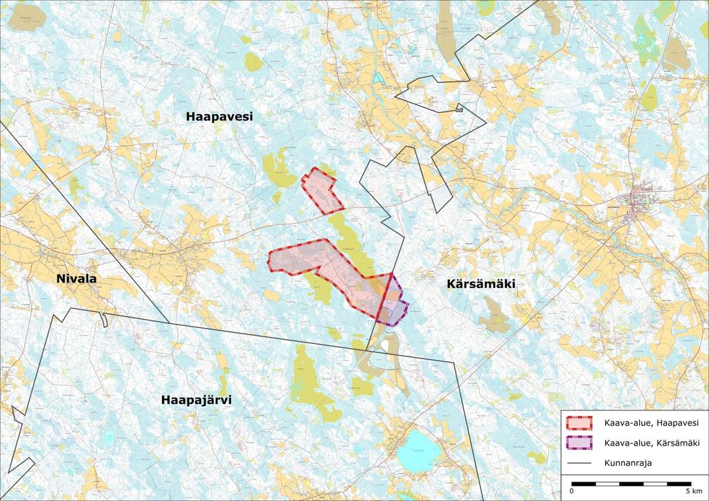 Kuva 1. Hankilannevan tuulivimapuistn alustava suunnittelualue. Kärsämäen puleiset alueet n esitetty viletilla ja Haapaveden puleiset alueet punaisella.