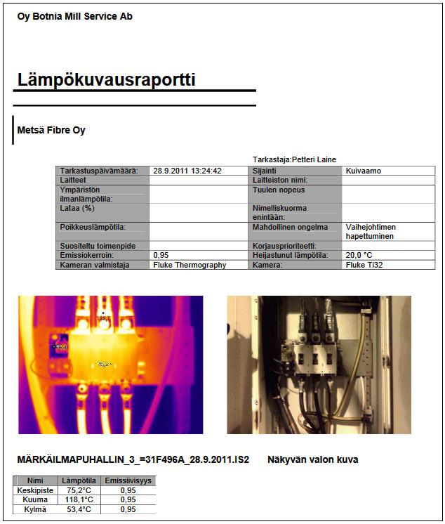 19 4.3 Lämpökuvien hyödyntäminen Lämpökuvista voidaan muodostaa raportteja suoraan analysointiohjelmiston raporttityökalun avulla.
