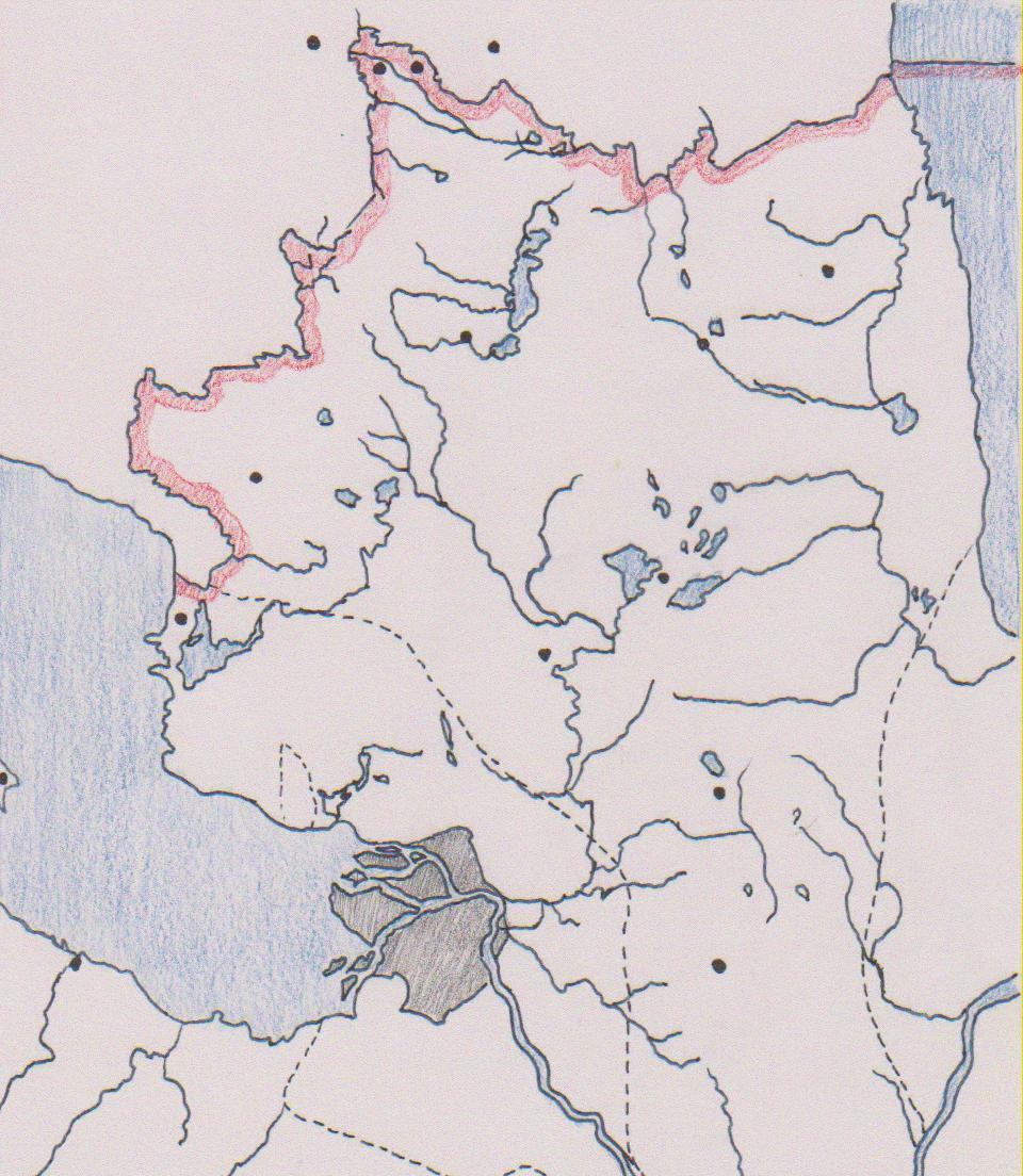 Lisa 8. Põhja-Ingerimaa kaart (Soome Rahvusarhiiv, Muut maat -karttakokoelma, Muut maat Iv.36), punktiirjoonega eraldatud aladel ingerisoome luterlikud kogukonnad.
