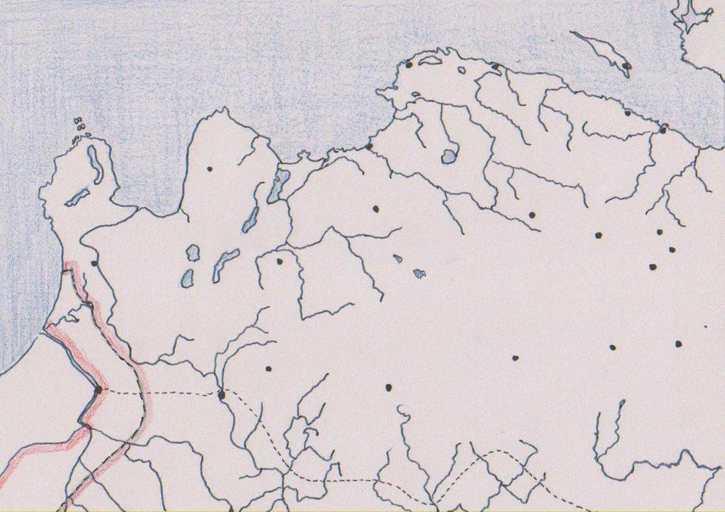 Lisa 9. Lääne-Ingerimaa kaart (Soome Rahvusarhiiv, Muut maat -karttakokoelma, Muut maat Iv.36), punktiirjoonega eraldatud aladel ingerisoome luterlikud kogukonnad.