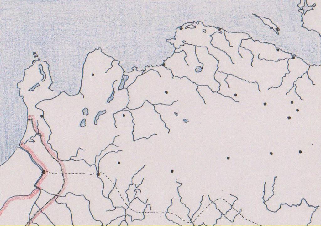 Lisa 9. Lääne-Ingerimaa kaart (Soome Rahvusarhiiv, Muut maat -karttakokoelma, Muut maat Iv.36), punktiirjoonega eraldatud aladel ingerisoome luterlikud kogukonnad.