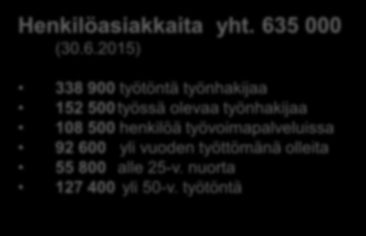 Henkilöasiakkaita yht. 635 000 (30.6.2015) 338 900 työtöntä työnhakijaa 152 500 työssä olevaa työnhakijaa 108 500 henkilöä työvoimapalveluissa 92 600 yli vuoden työttömänä olleita 55 800 alle 25-v.