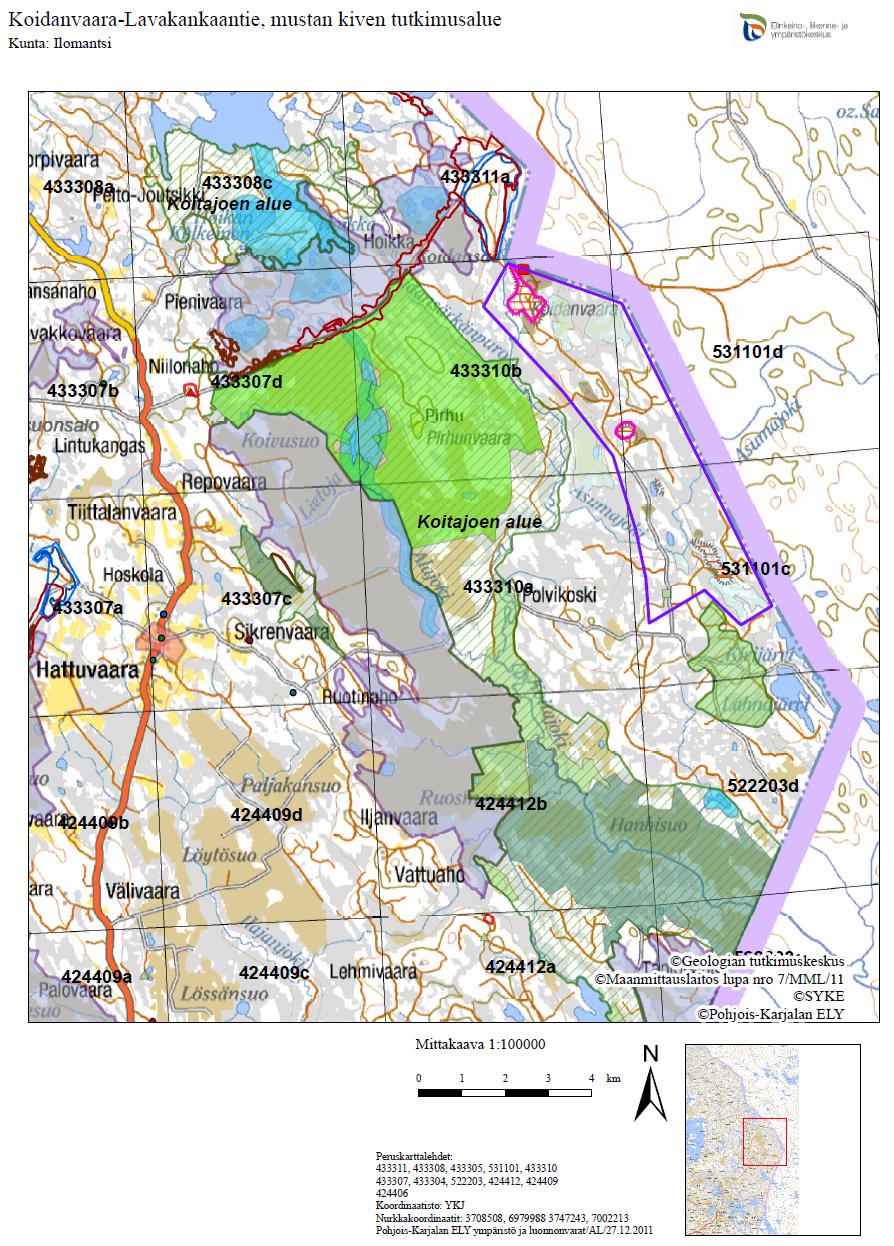 Ympäristökatselmuksen (30.9.2011 ja 24.10.2011) tutkimusalueen (violetti rajaviiva) sijainti 10-15 km Hattuvaarasta itäkoilliseen.
