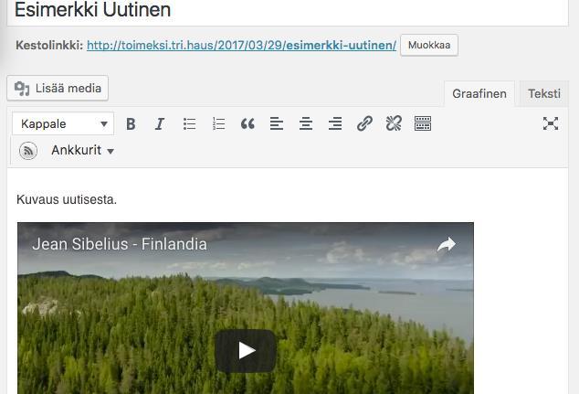 Yhdistysinfo.fi käyttöohjeet toimijalle 10 (24) uutiseen. Liittäessäsi esim. YouTube-videon URL osoitteen sisältöeditoriin muuttaa WordPress osoitteen automaattisesti videoksi editorissa.