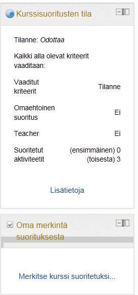 Jos otit käyttöön omaehtoinen suoritus kohdan asetuksissa, niin tästä näkee, onko opiskelija merkinnyt kurssin suoritetuksi Oma merkintä suorituksesta lohkossa.