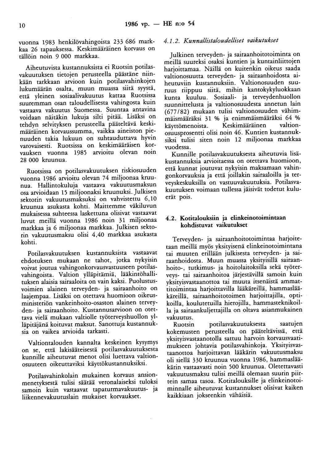 10 1986 vp. - HE n:o 54 vuonna 1983 henkilövahingoista 233 686 markkaa 26 tapauksessa. Keskimääräinen korvaus on tällöin noin 9 000 markkaa.