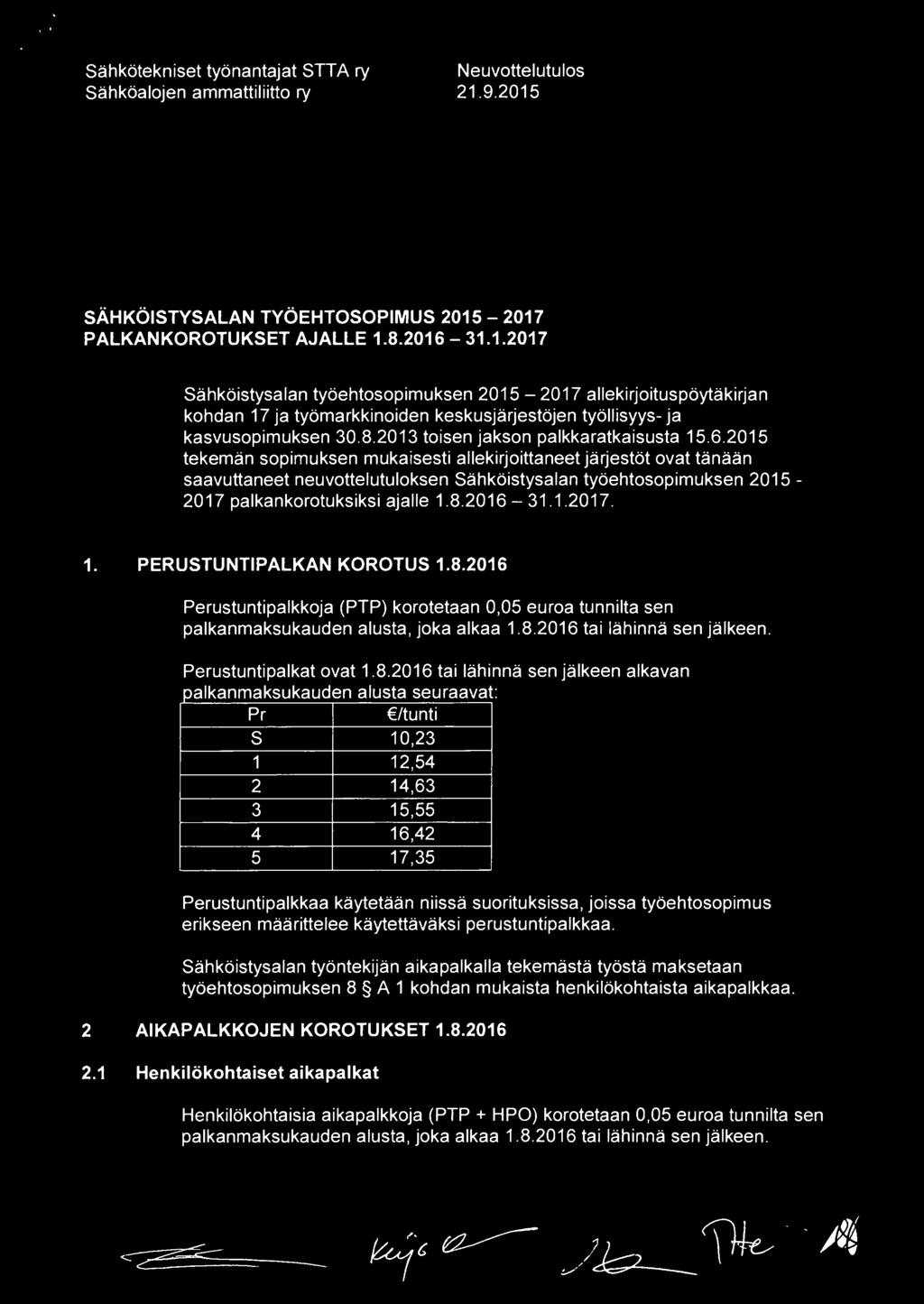 6.2015 tekemän sopimuksen mukaisesti allekirjoittaneet järjestöt ovat tänään saavuttaneet neuvottelutuloksen Sähköistysalan työehtosopimuksen 2015-2017 palkankorotuksiksi ajalle 1.