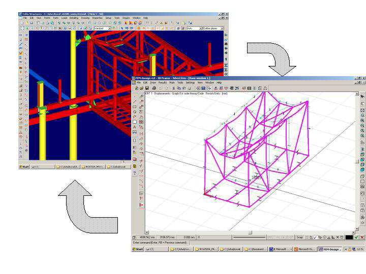 Kuva 3.4 Tekla Structures -ohjelmiston ja A&D-ohjelmiston yhteys (Tekla j.) Ohjelmia yhdistettäessä mallit, piirustukset ja raportit voi yhtenäistää keskenään.