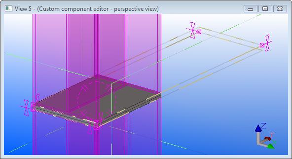 Leikkauslinjat ankkuroidaan (Bind to Plane) levyn tasoon kolmesta pinkistä ankkurointipisteestä alla