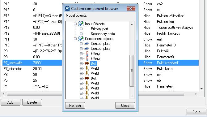 Osa Display variables -valikon parametreista tuli linkittää Custom component browser -valikkoon, jotta liitostyökalun käyttäjä voisi muuttaa esimerkiksi päätylevyjen sekä pulttien lujuutta tai