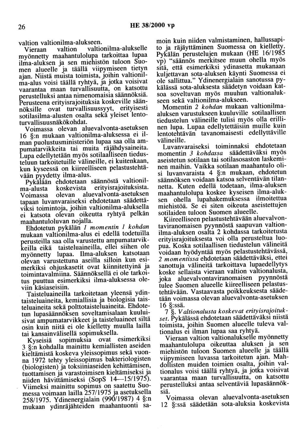 26 HE 38/2000 vp valtion valtionilma-alukseen.