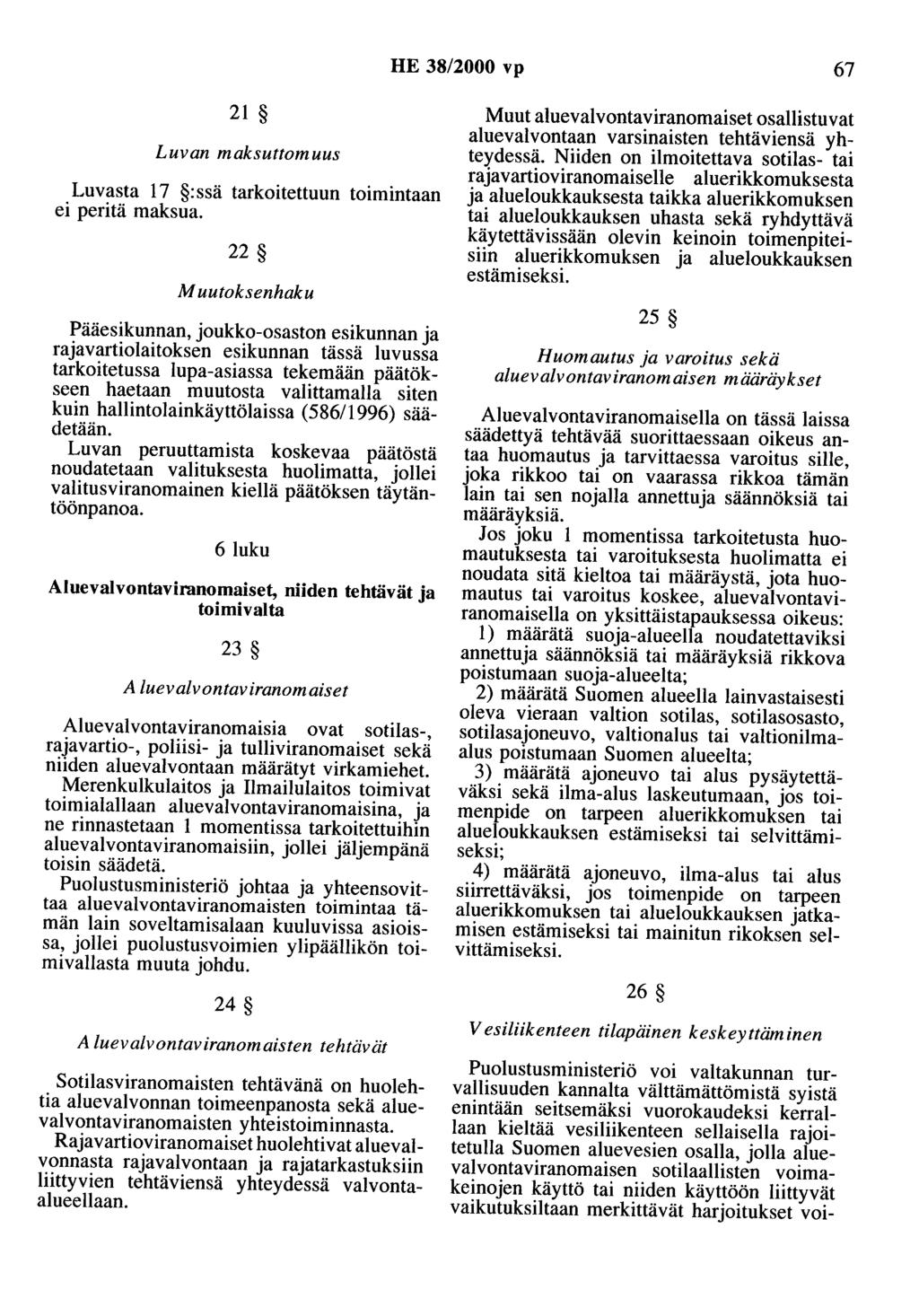 HE 38/2000 vp 67 21 Luvan maksuttomuus Luvasta 17 :ssä tarkoitettuun toimintaan ei peritä maksua.