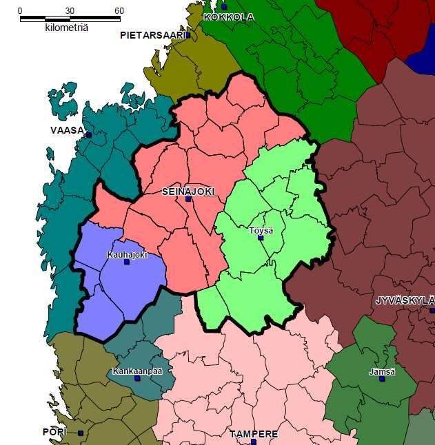 6 Seinäjoen kaupunki 2 TARKASTELUALUE Tarkastelualueena on Seinäjoen markkina-alue, joka kattaa koko Etelä- Pohjanmaan maakunnan sekä lisäksi Isokyrön, Kihniön ja Virtain kunnat.