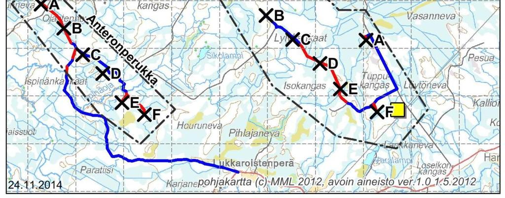 Vaihtoehdossa 1 (VE1) tarkastellaan yhteensä korkeintaan 12 yksikköteholtaan noin 3 5 MW:n tuulivoimalan sijoittamista Kopsan (A-F) ja Anteronperukan hankealueille (A-F) (kuva 2).