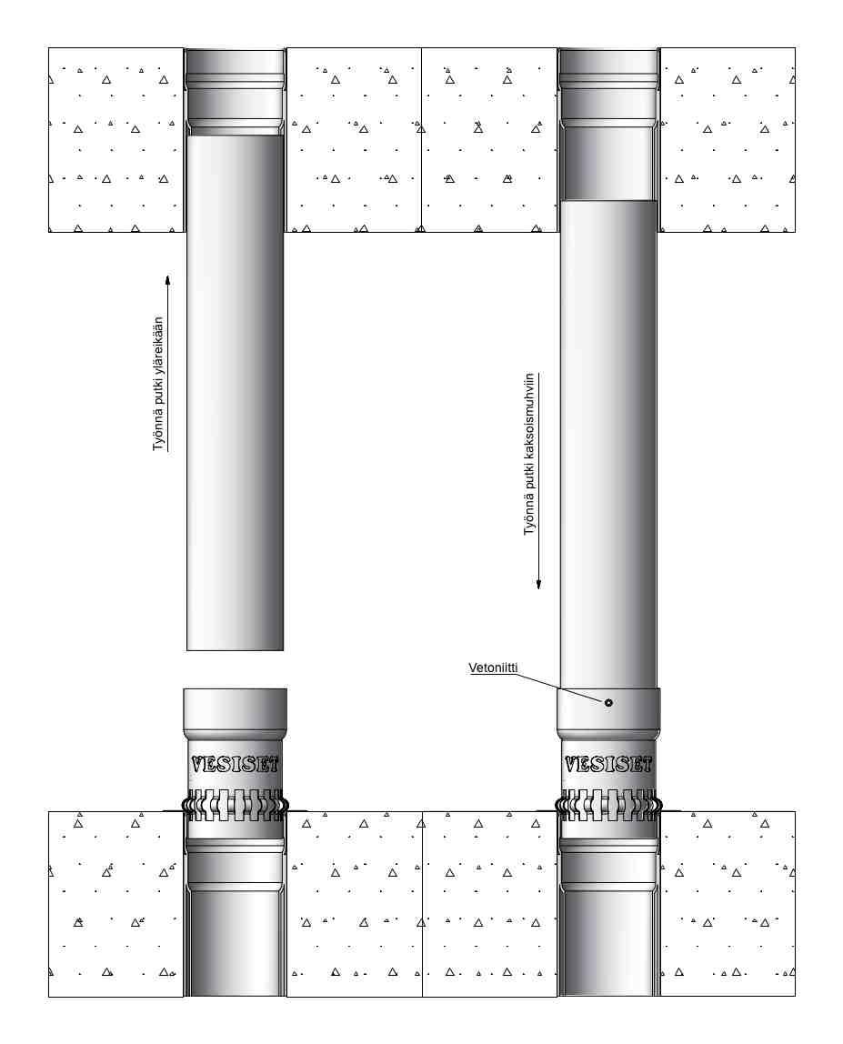 4. Lisää noin 6 cm edelliseen mittaan ja sahaa parvekeputki tuloksen mittaiseksi. Esim. etäisyys holkin yläreunasta kattoon 270 cm + 6 cm = 276 cm. Sahaa putken supistetusta päästä( 73 mm).