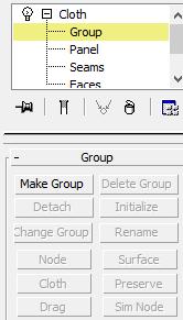 Front-näkymässä valitaan Modifier List-valikosta Cloth-tekniikka ja Cloth-valikosta Group kohta.