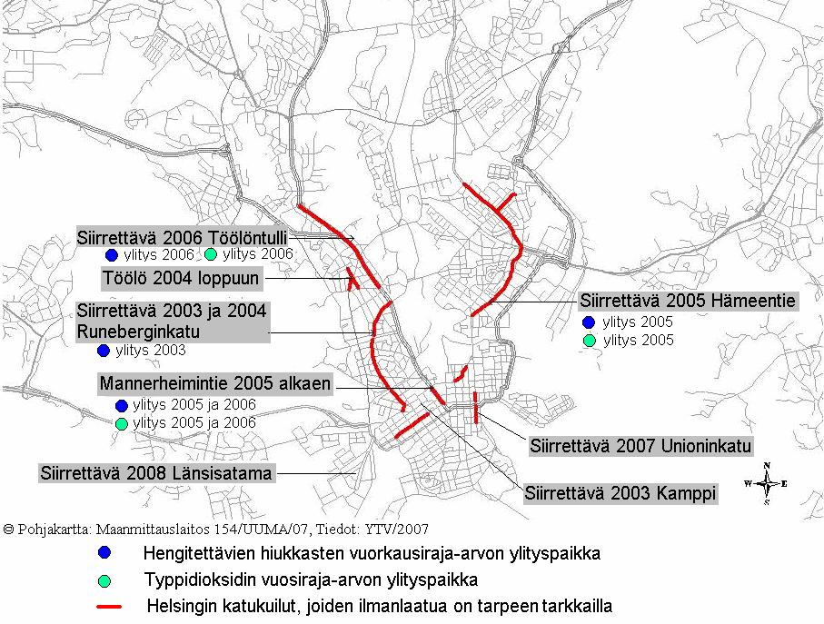 Kuva 3. Helsingin katukuilut, joissa PM 10 - ja NO 2 -pitoisuuksien raja-arvojen on arvioitu ylittyvän sekä pysyvien ja siirrettävien mittausasemien sijainnit.