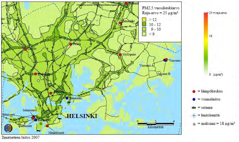 taustapitoisuuden aiheuttama typpidioksidipitoisuuden vuosikeskiarvo (µg/m 3 ) vuonna 2005 Helsingissä. Kuva 5.