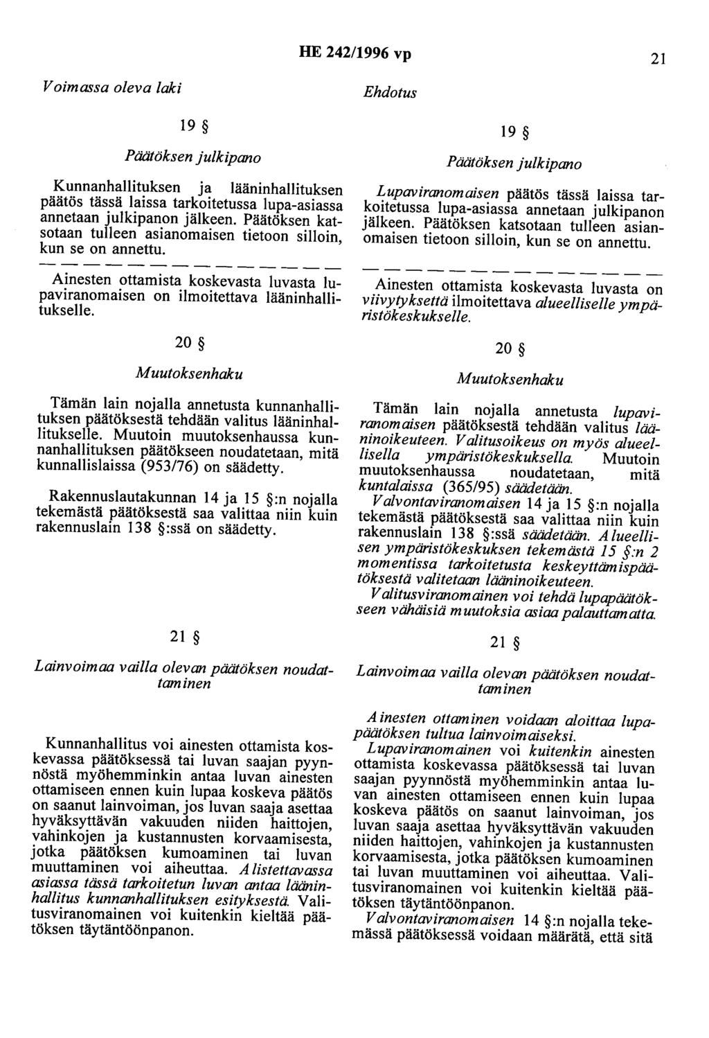 HE 242/1996 vp 21 Voimassa oleva laki 19 Päätöksen julkipano Kunnanhallituksen ja lääninhallituksen päätös tässä laissa tarkoitetussa lupa-asiassa annetaan julkipanon jälkeen.