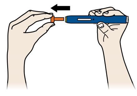 A Vaihe 2: Pistoksen valmistelu Poista oranssi suojakorkki vetämällä suoraan ulospäin, vasta kun olet valmis pistämään lääkkeen.