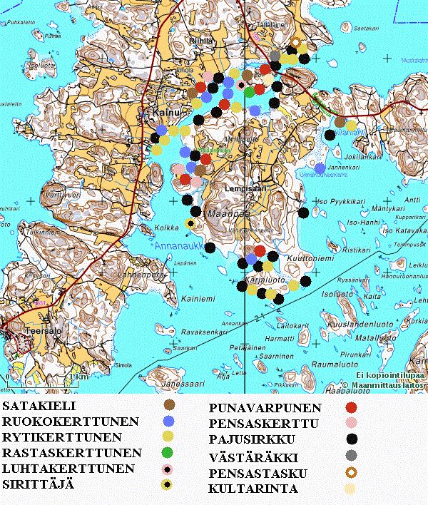 Kartta 14: Reviirit, varpuslinnut, Lempisaari Livonsaari Lempisaaren pohjois osassa havaittiin 4.5. kiertelevä nokkavarpunen.