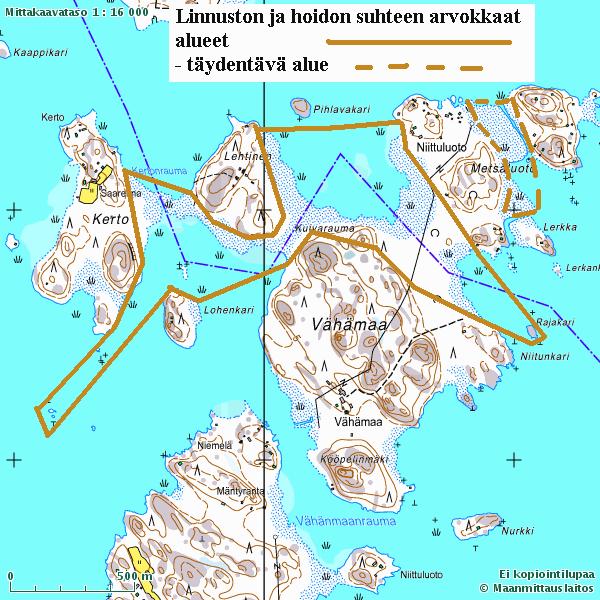 Rajauksen sisään (kartta 17, Vähämaa) on sisällytetty tärkeimmät pesimäluodot Kerton eteläpuolella ja Vähämaan itäpuolella.