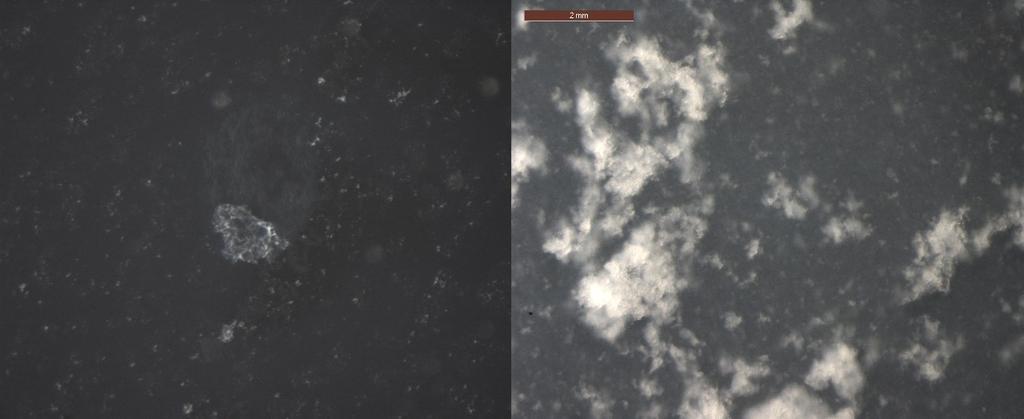 4) optisella mikroskoopilla kyettiin havaitsemaan selkeitä polymeerimuodostumia. Kuva 9. Optisella mikroskoopilla otetut kuvat 0,8-kertaisella suurennoksella näytteistä B- 0.1 (vasemmalla) ja B-0.