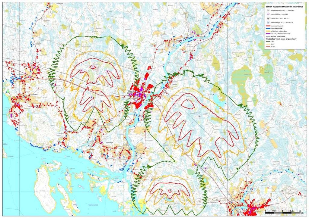 FCG SUUNNITTELU JA TEKNIIKKA OY Kaavaselostus, ehdotus 77 (84) Kuva 28. Varjomallinnuskartta tuulivoimapuistosta. Mallinnuksessa on mukana myös Leipiön, Putaankankaan ja Onkalon rakennetut voimalat.